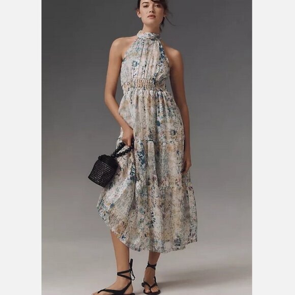 Anthropologie The Somerset Maxi Dress Halter Edition Blue Floral Size L NWT - Picture 1 of 7